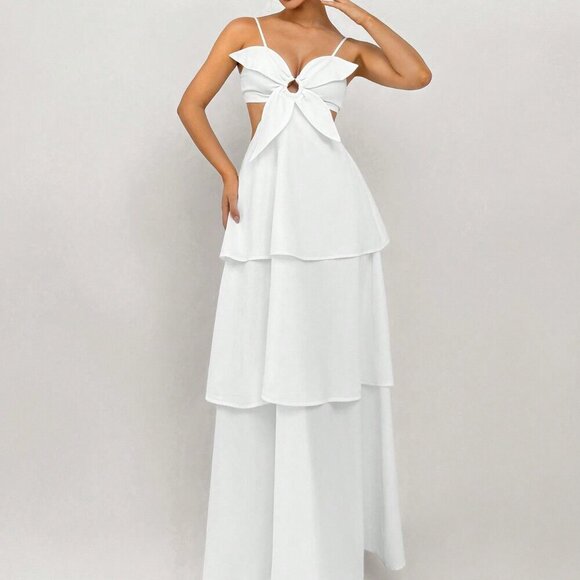 White Elegant Romantic Women's 3D Flower Strap Dress - Graduation/Wedding Season - Picture 2 of 5